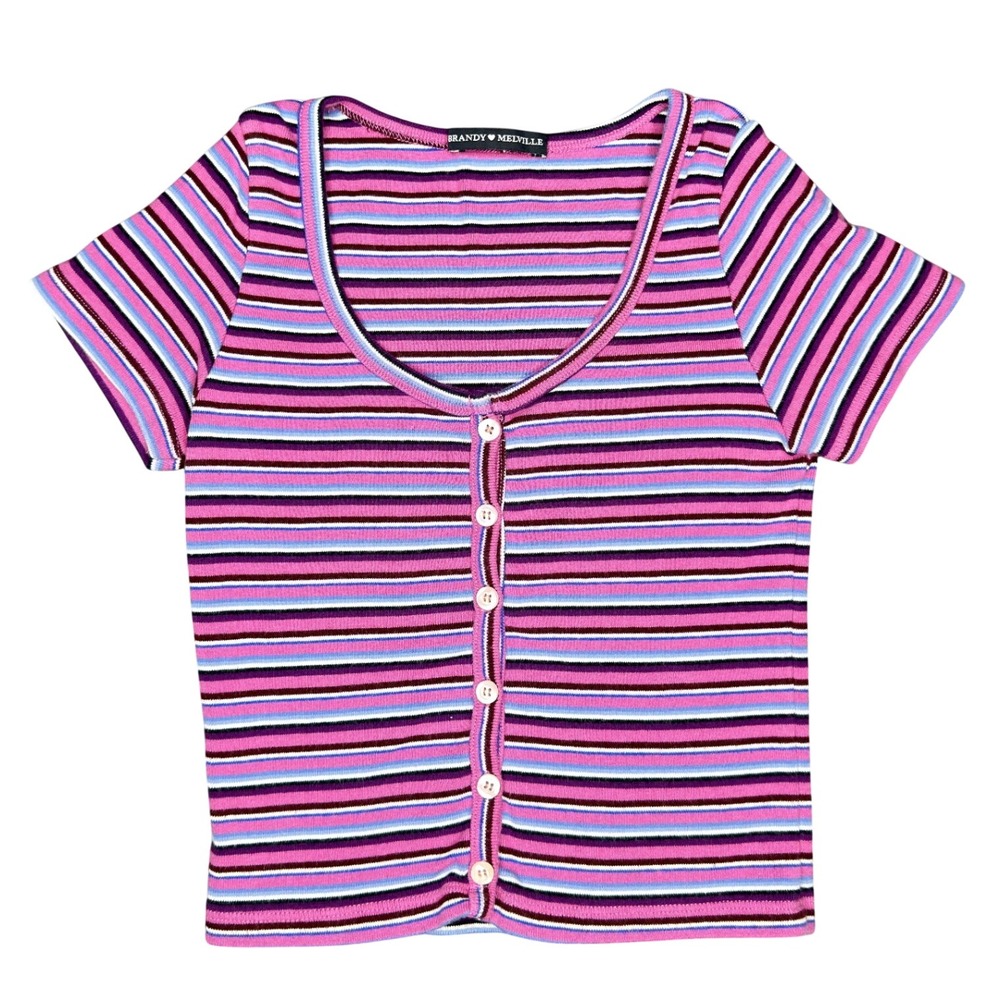 Brandy Melville Zelly Top Pink Blue Purple Striped Short Sleeve Ribbed Button